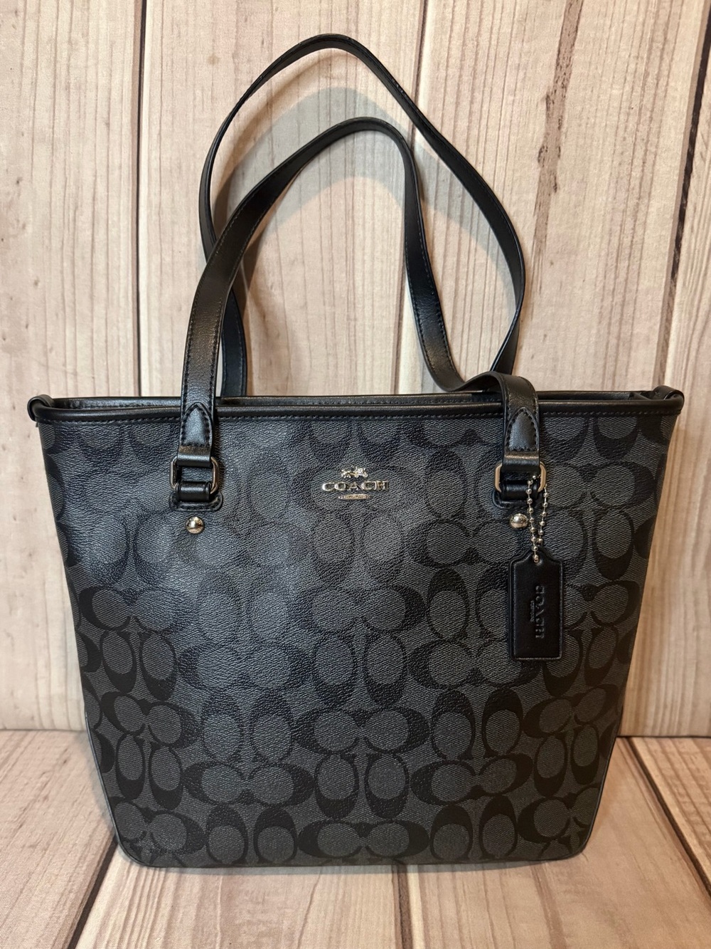 Coach Signature Logo Tote Bag Black Double Handles Silver Hardware